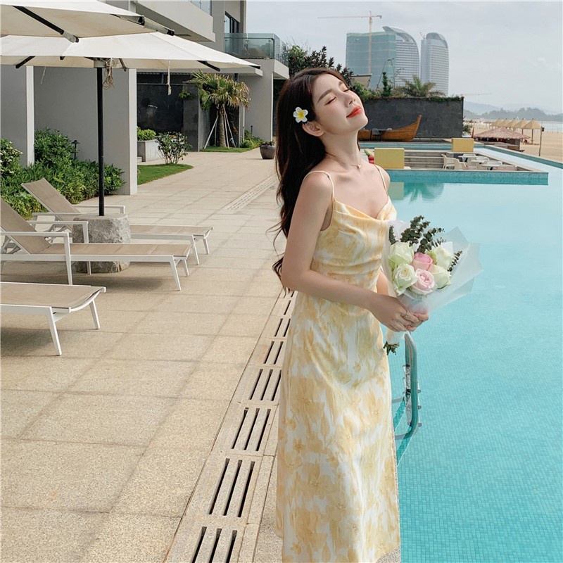 Đầm dài IELGY không tay xẻ tà in họa tiết hoa thời trang mùa hè dành cho nữ