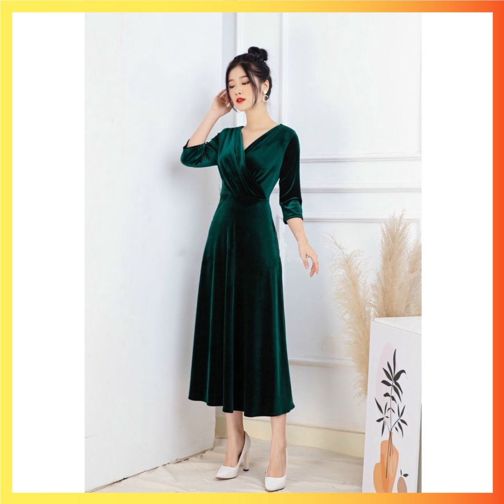 VÁY NHUNG CHÉO NGỰC DÁNG DÀI, ĐẦM NHUNG CAO CẤP