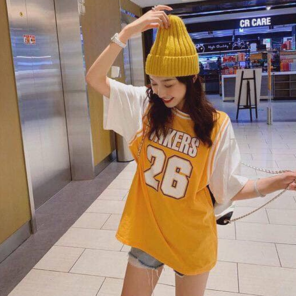 Áo thun tay lỡ nữ thể thao freesize phông form rộng Unisex, mặc lớp, nhóm, cặp phối kiểu bóng rổ in chữ LAKERS | BigBuy360 - bigbuy360.vn