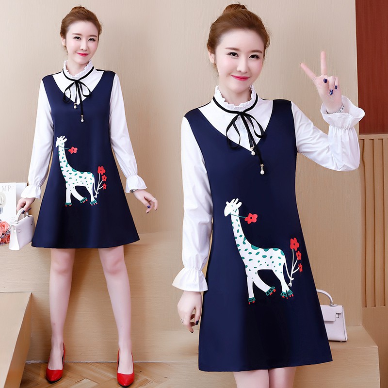 【Big Size Quảng Châu】 Đầm big size quảng châu thun phối áo trắng bèo cổ tay loe in hình D906