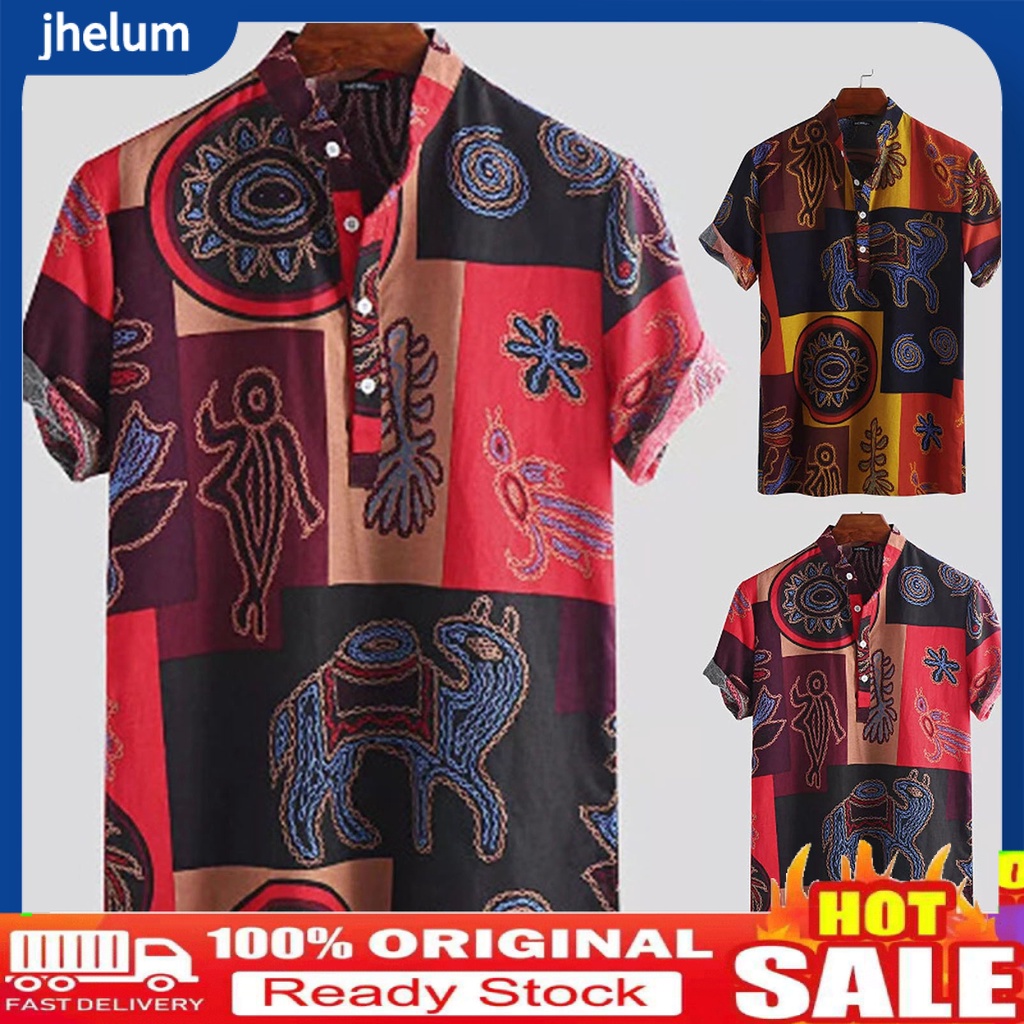 Áo Sơ Mi Tay Ngắn Cổ Đứng In Họa Tiết Thổ Cẩm Phong Cách Retro Cho Nam