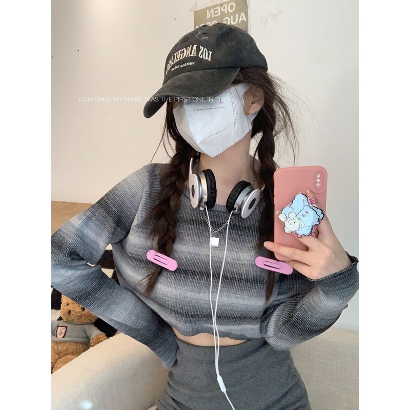 Jiashucheng Áo Thun Dệt Kim Dáng Rộng Eo Cao Kẻ Sọc Màu Gradient Kiểu Mỹ Xinh Xắn Cho Bạn Gái