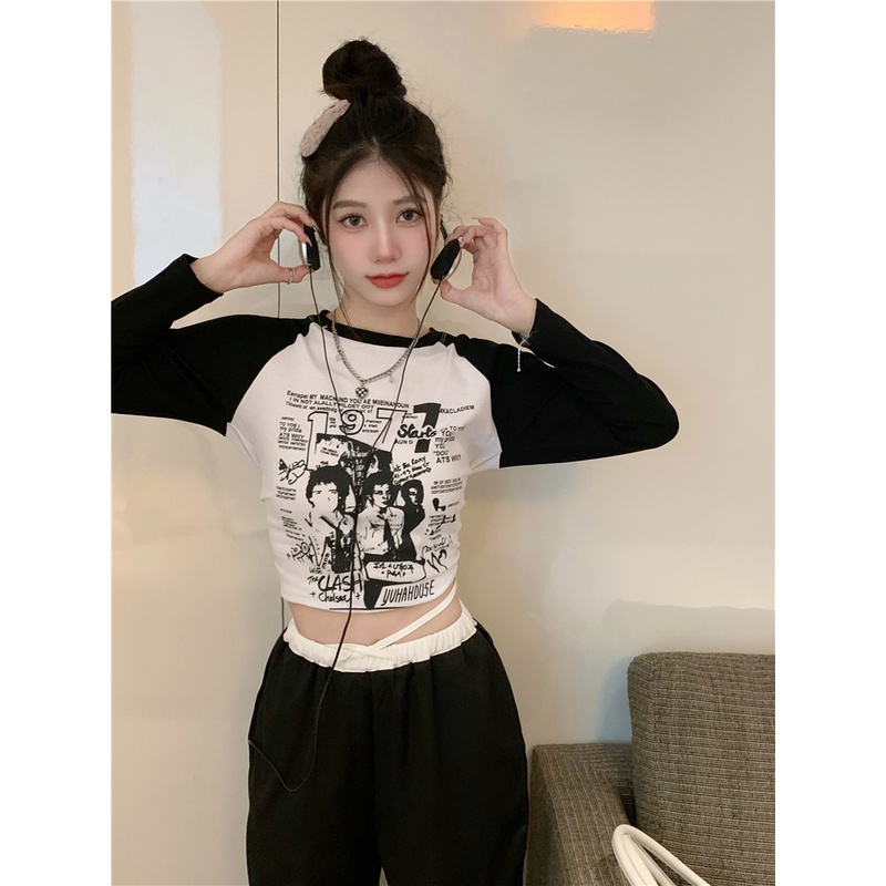 Áo thun croptop tay dài màu sắc tương phản phong cách retro trẻ trung thời trang dành cho nữ