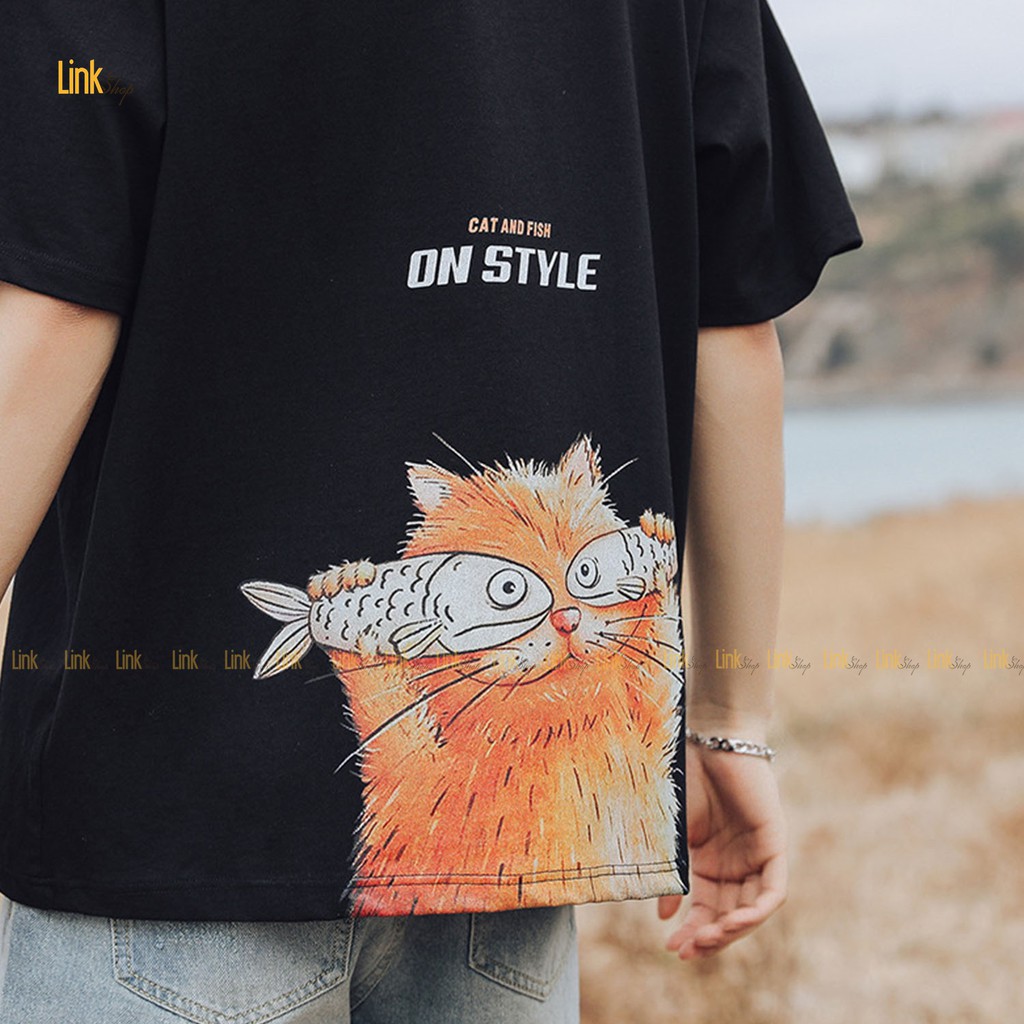 [Mã FAMARAL1 giảm 10K đơn 50K] Áo thun CAT AND FISH mèo cá độc lạ tay lỡ unisex ( Kèm Video )