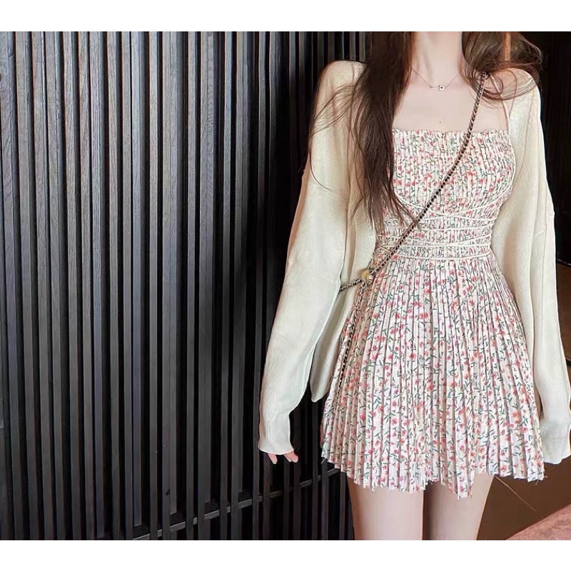 Đầm dây xếp ly hoa nhí quấn eo đầm tinkerbell