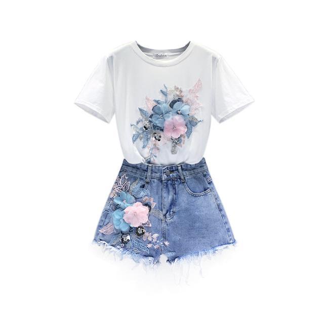Set Áo Thun Ngắn Tay Thêu Hoa + Quần Short Denim Thời Trang Cho Bé Gái
