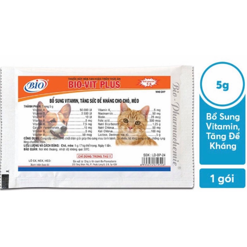 Combo 5 gói Bio Vit plus bổ sung vitamin tăng đề kháng cho chó mèo gói 5g giúp mau lành bệnh, lông bóng mượt