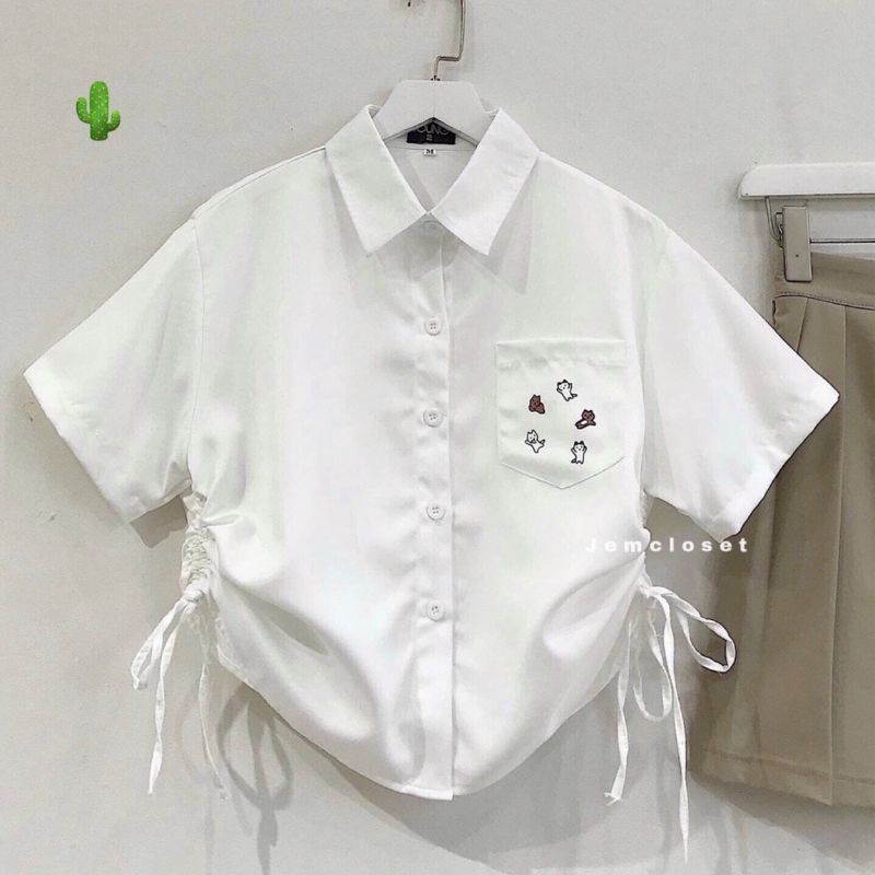 Áo Sơ Mi Rút Hàn phối túi thêu hình ngộ nghĩnh TN-PC❤