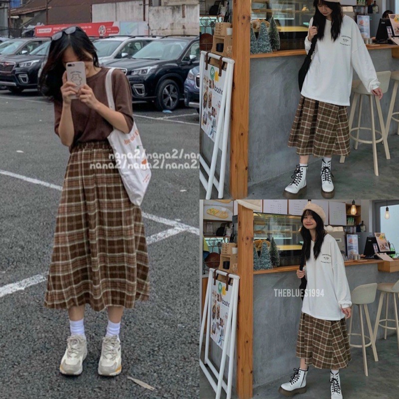 Chân Váy CARO SKIRT quốc dân form suông dài chuẩn dễ phối chất vải dày dặn lưng chun rộng có co giãn | BigBuy360 - bigbuy360.vn