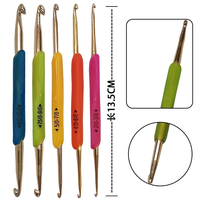 Bộ 5 kim móc len 2 đầu mô phỏng Hamanaka, cán nhựa dẻo êm tay