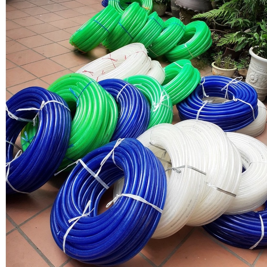 Dây ống nước nhựa dẻo sợi trắng, dây rửa xe, tưới cây sợi xanh