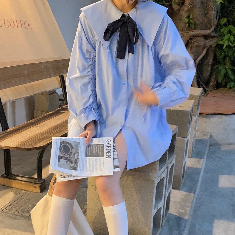 Váy sơ mi xanh cổ nơ | BigBuy360 - bigbuy360.vn