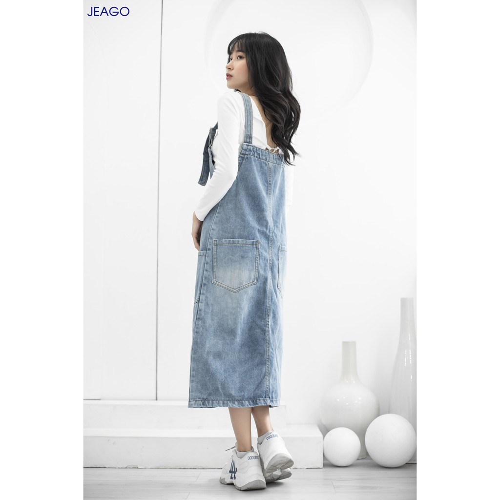Yếm váy nữ jean màu xanh đậm phong cách Hàn Quốc JEAGO_M019