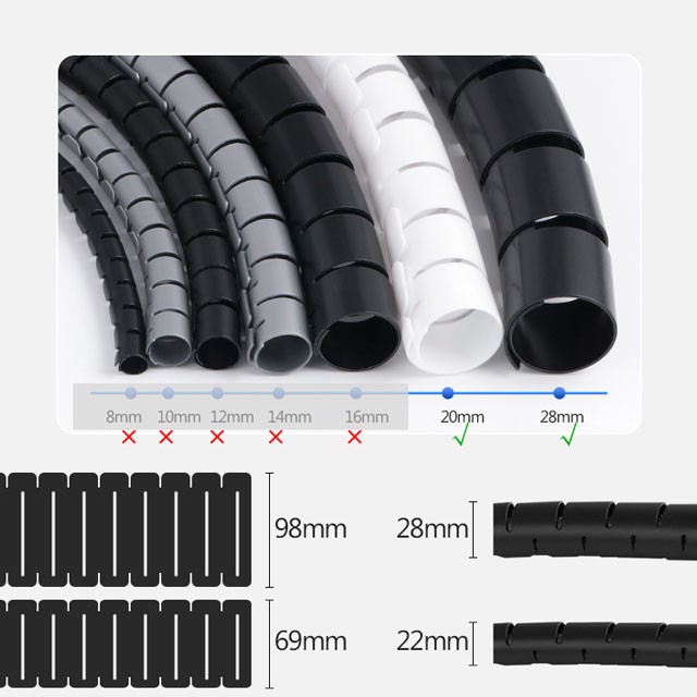 Cáp quản lý xoắn ốc 22 mm và 28 mm