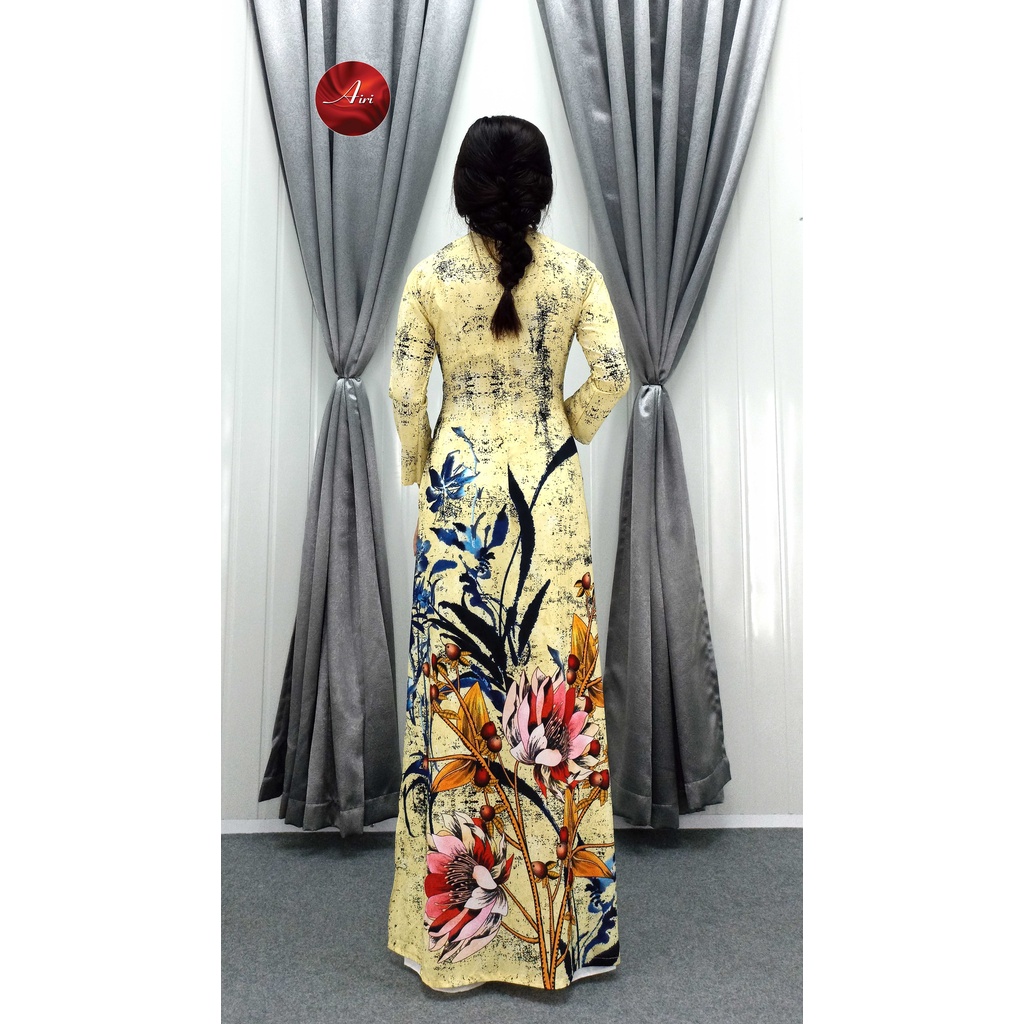 Áo dài nữ cổ tròn hoa tiết 3d chìm lụa nhật cao cấp - Áo dài Airi