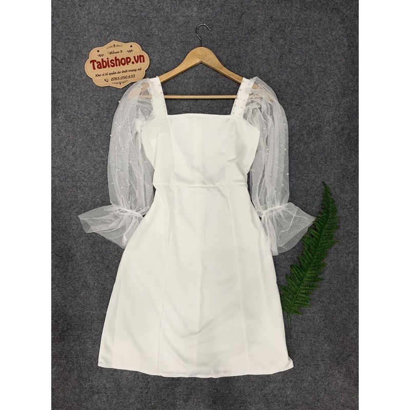 Đầm dự tiệc trắng🌸 FREESHIP 🌸Váy nữ hai dây màu trắng tay phồng dài đính hạt dành cho nữ thấp | BigBuy360 - bigbuy360.vn