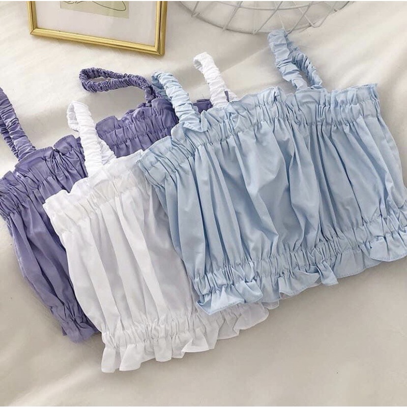 Áo croptop hai dây, áo dây thun nữ viền bèo đủ màu siêu hot
