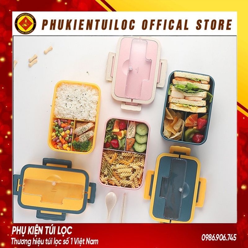 Hộp Đựng Cơm Giữ Nhiệt Ăn Trưa Văn Phòng Chia 3 Ngăn Bento Cute - Cà Mèn Tặng Thìa Đũa - Khay Sử Dụng Lò Vi Sóng