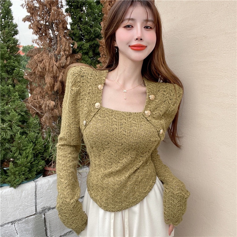 Áo sơ mi tay dài cổ vuông phối ren quyến rũ hợp thời trang