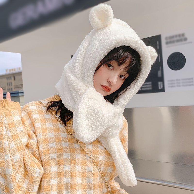 Mũ lông cừu dài kiêm khăn choàng giữ ấm thu đông thời trang cho nữ