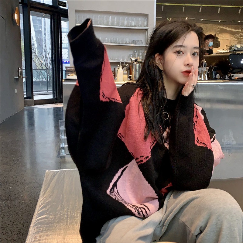 Xiaozhainv Áo sweater tay dài dáng rộng họa tiết caro phong cách hoài cổ Hàn Quốc thanh lịch cho nữ có 2 màu tùy chọn | BigBuy360 - bigbuy360.vn