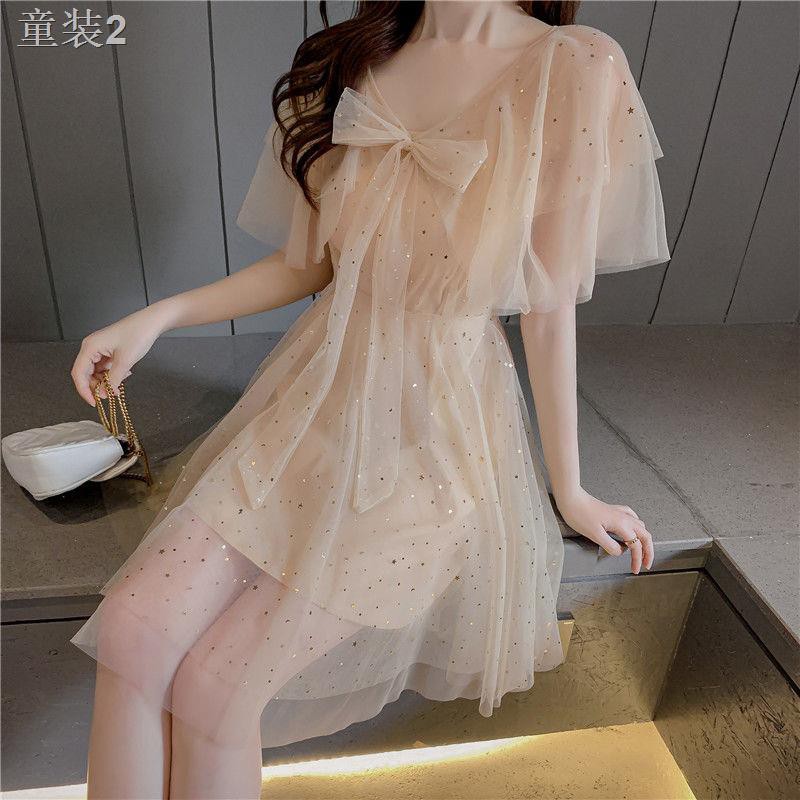 ☢❂phong cách thời trang mới mùa hè kiểu Pháp niche dress siêu tiên ngôi sao lưới gạc váy hai dây tây