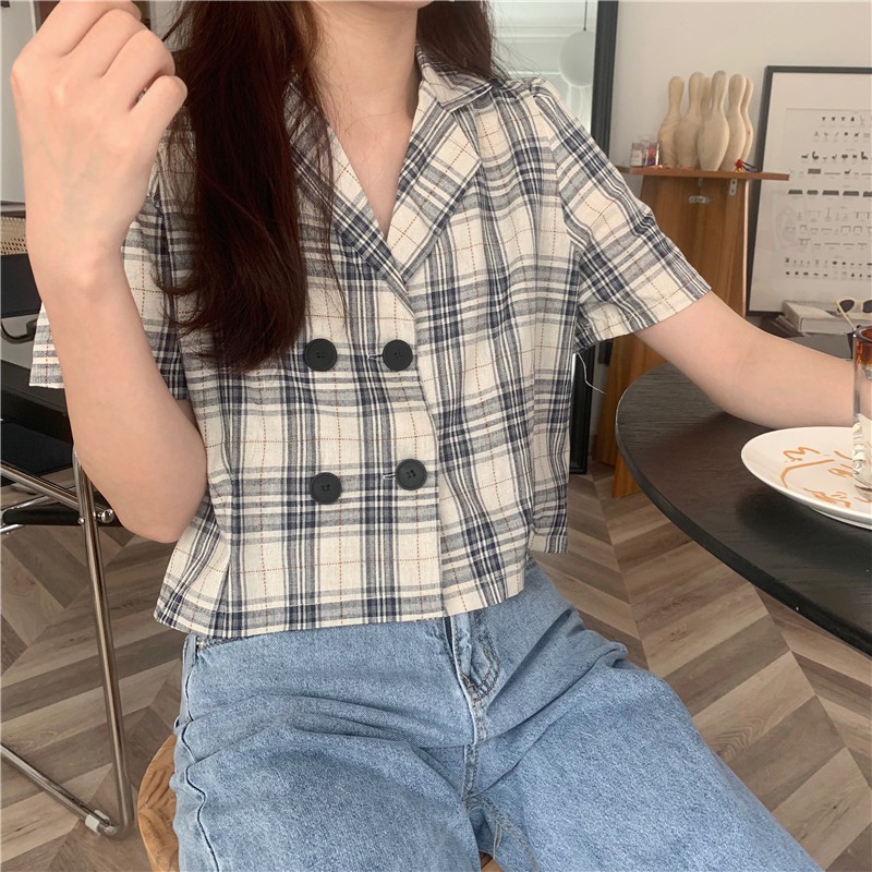 Xiaozhainv Áo sơ mi nữ tay ngắn họa tiết caro theo phong cách Hàn Quốc | BigBuy360 - bigbuy360.vn