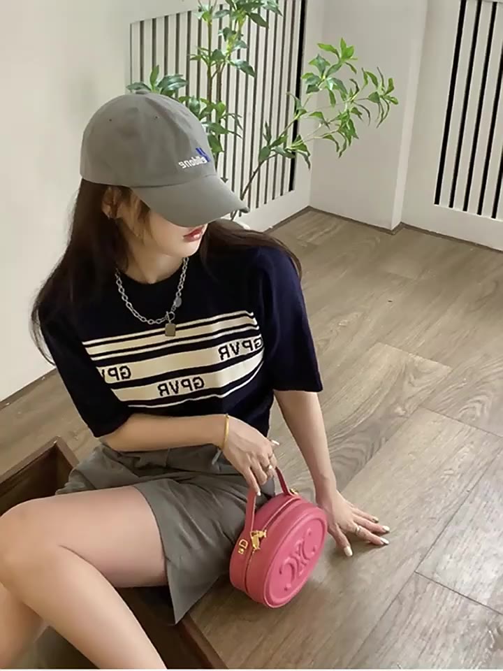 Áo thun ZHELIHANGFEI dệt kim tay ngắn kẻ sọc ngang in họa tiết chữ cá tính trẻ trung thời trang dành cho nữ | BigBuy360 - bigbuy360.vn