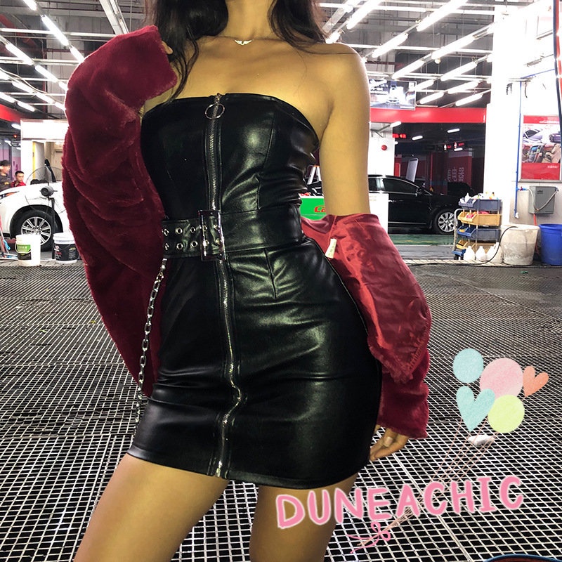 DUNEA Đầm Da Pu Dáng Ôm Hở Vai Phối Khóa Kéo Quyến Rũ Cho Nữ