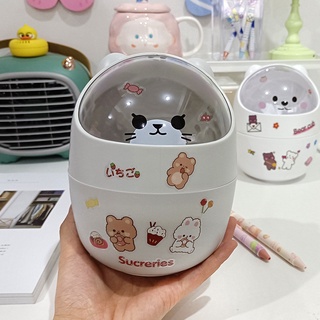 Desktop trash can with cute bear-shaped mini lid