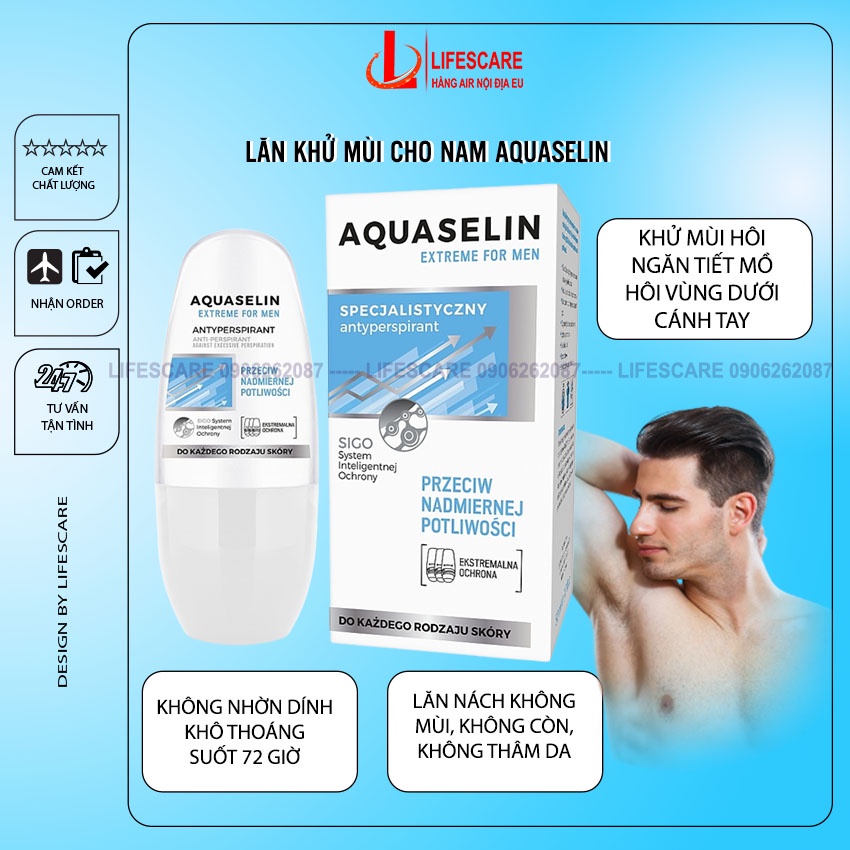 Lăn nách khử mùi nam nữ Aquaselin Extreme For Men ngăn tiết mồ hôi hiệu quả, khô thoáng nhanh, không gây ố vàng, 50ml