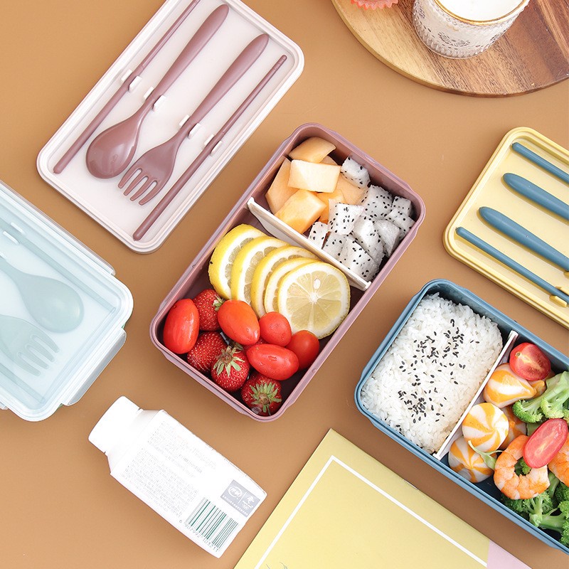 Hộp cơm giữ nhiệt văn phòng 2 ngăn kèm đũa thìa dĩa bằng nhựa cao cấp giữ nhiệt tốt