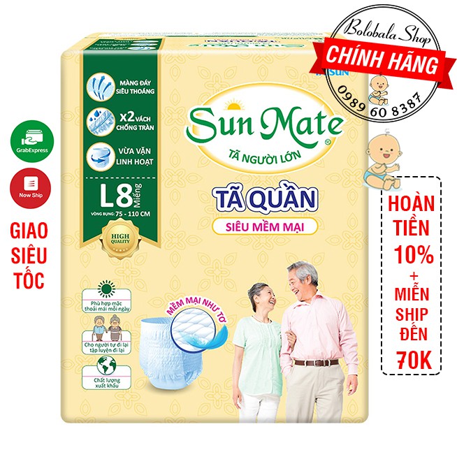 Tã Quần Người Lớn Sunmate Mềm Mại M9/L8 và Khô Thoáng M8/L7