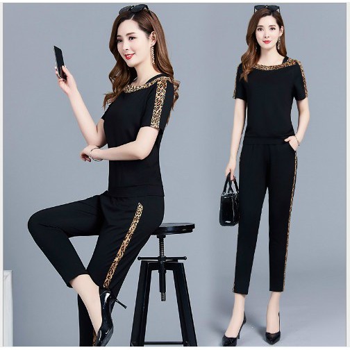 Set Bộ Thun Cotton Cổ Thuyền Viền Họa Tiết Da Beo Tay Ngắn