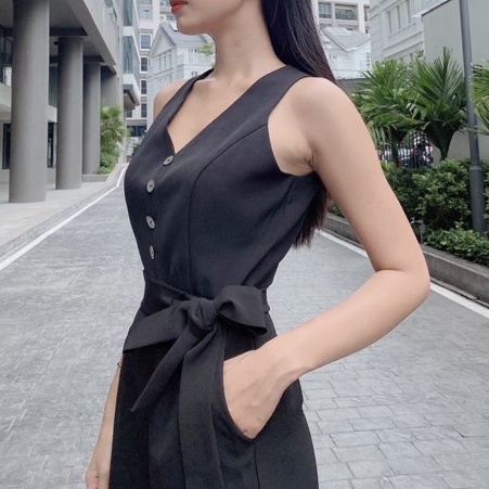 [Mã BMINC50 giảm 50K đơn 150K] Jumsuit Ống Xuông Cổ V Sát Nách CQA Boutique CQA0021 Màu Đen Chất Liệu Laguna Quyền Lực