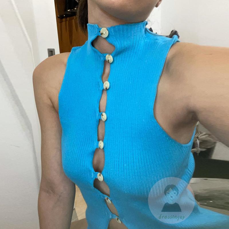 Dre-áo Dệt Kim Cổ Cao Khoét Lỗ Màu Trơn/Xanh Dương/Nâu Cho Nữ