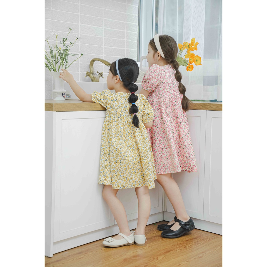 Váy babydoll cộc tay vải thô hoa nhí CRABIE bé gái - Jolie dress - Hoa nhí hồng