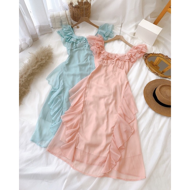 Đầm tơ cổ bèo vuông nút bọc cao cấp loại 1 | BigBuy360 - bigbuy360.vn