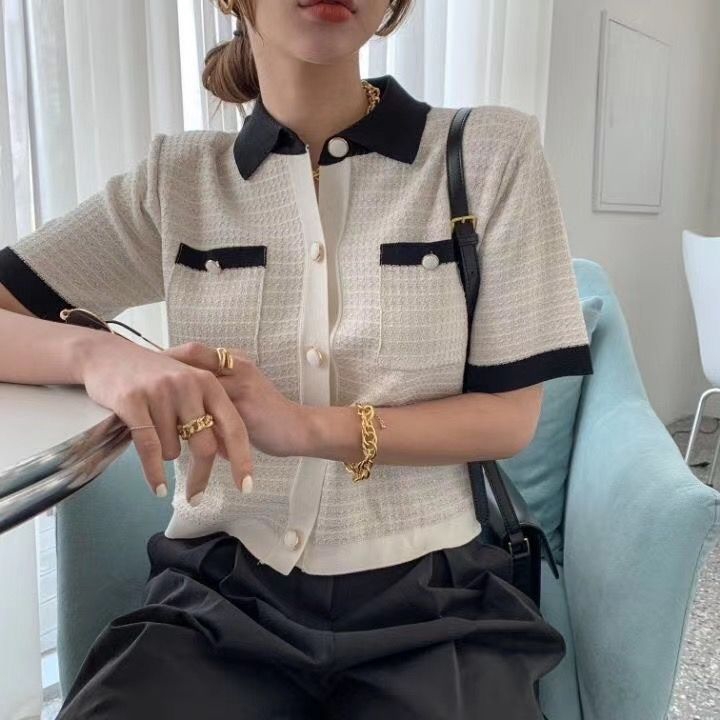 Áo Sơ Mi Lụa Dệt Kim Tay Lửng Dáng Rộng Màu Sắc Tương Phản Thời Trang Mùa Hè Dành Cho Nữ