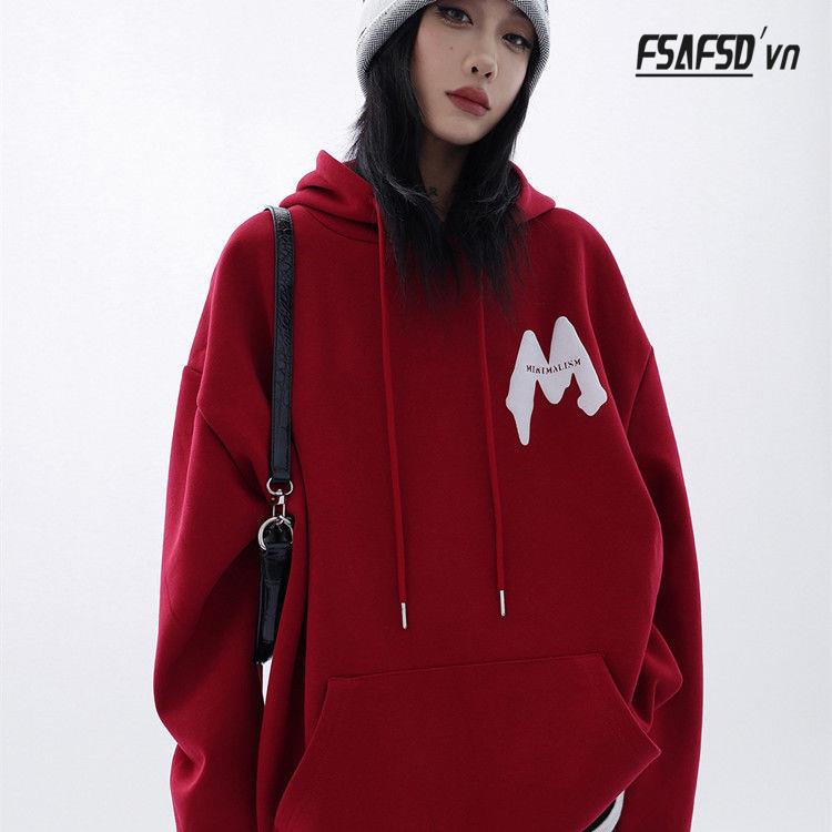 Áo Hoodie 100% Cotton Hai Lớp In Chữ M Phong Cách Mỹ Mới