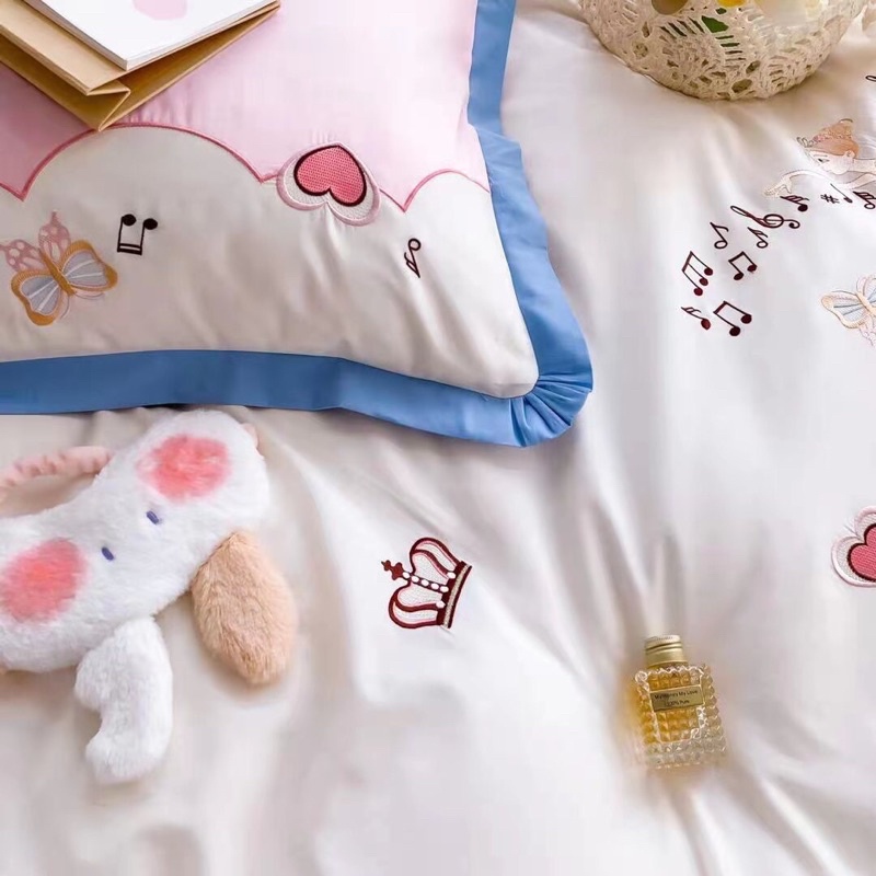 Bộ 4 món ga gối Lụa Satin cao cấp Hồng phối xanh