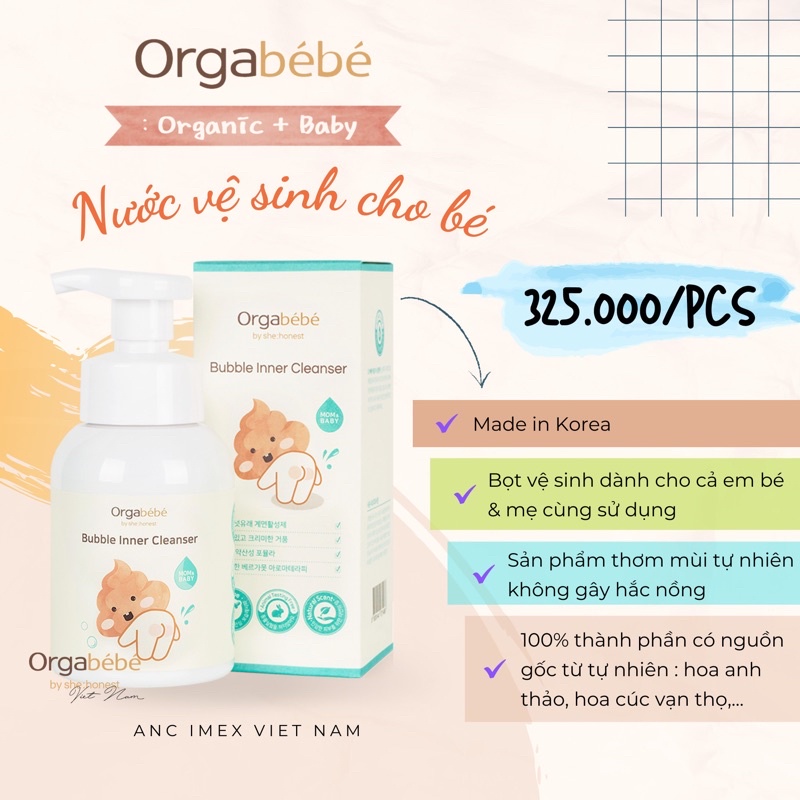 Chính hãng - Dung dịch vệ sinh hữu cơ dạng bọt Orgabebe cho bé trai và bé gái 300ml