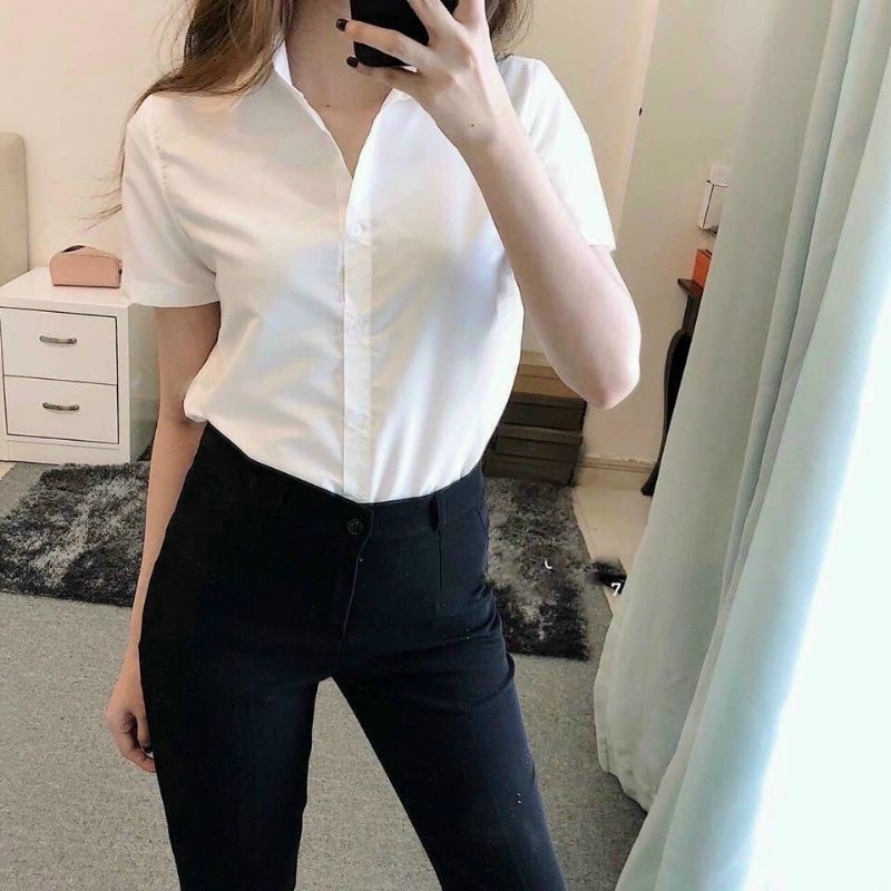Áo sơ mi trắng tay ngắn form rộng kiểu áo sơ mi nữ basic siêu  hot