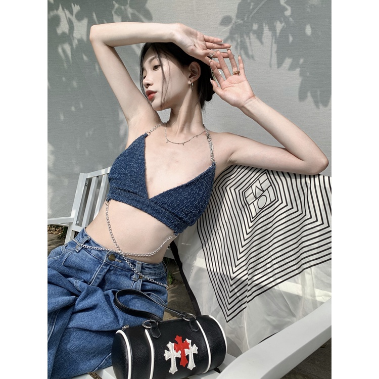 QKOOLE Áo tank top Cổ Chữ V Phối Dây Xích Phong Cách Thời Trang Hàn Quốc Dành Cho Nữ