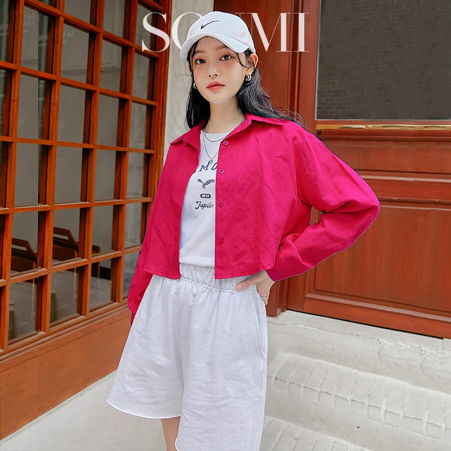 Croptop Tay Dài Kiểu Áo Sơ Mi Croptop Nữ Cá Tính SONMI Hàn Quốc Thiết Kế Vải Linen Màu Trắng Xanh Lá Hồng KINLEY ADDO