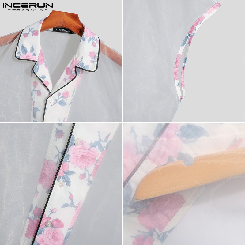 INCERUN Áo Sát Nách Trong Suốt In Hoa Thời Trang Mùa Hè Cho Nam