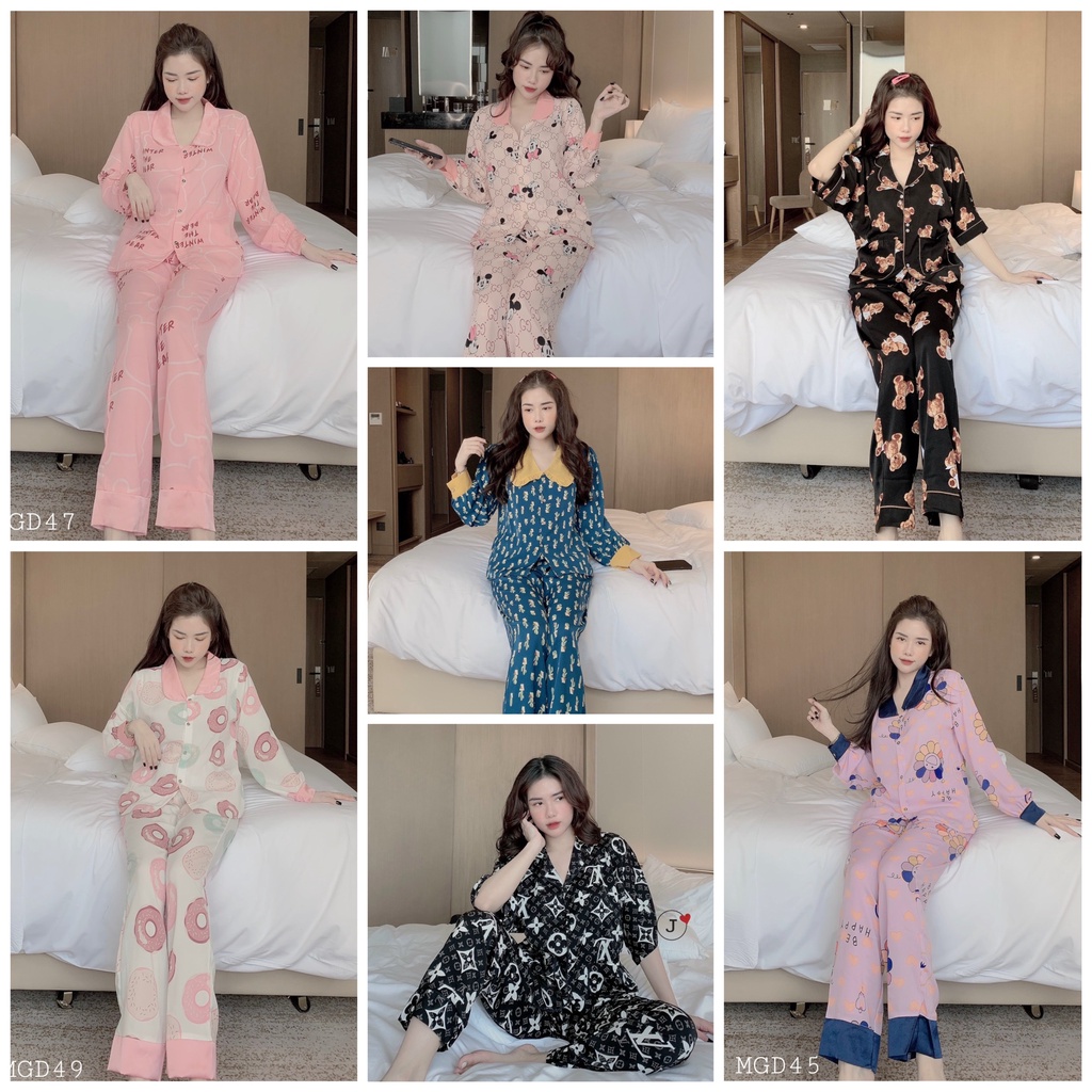 Bộ Pijama Lụa Nữ - Đồ Ngủ Nữ Lụa Dài Mặc Nhà Siêu Sang Đẹp Cao Cấp Chất Mềm Không Nhăn Pijama Quảng Châu