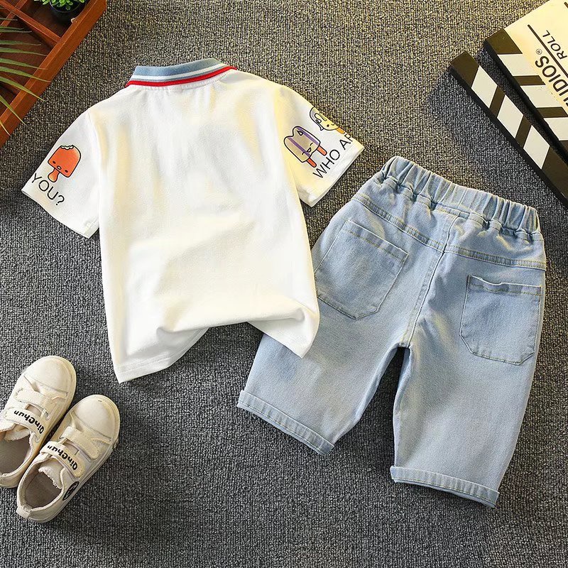 Bộ Áo Thun polo + Quần Short Denim Ngắn Tay Họa Tiết Hoạt Hình Thời Trang Mùa Hè 2022 Cho Bé Trai 3-15 Tuổi