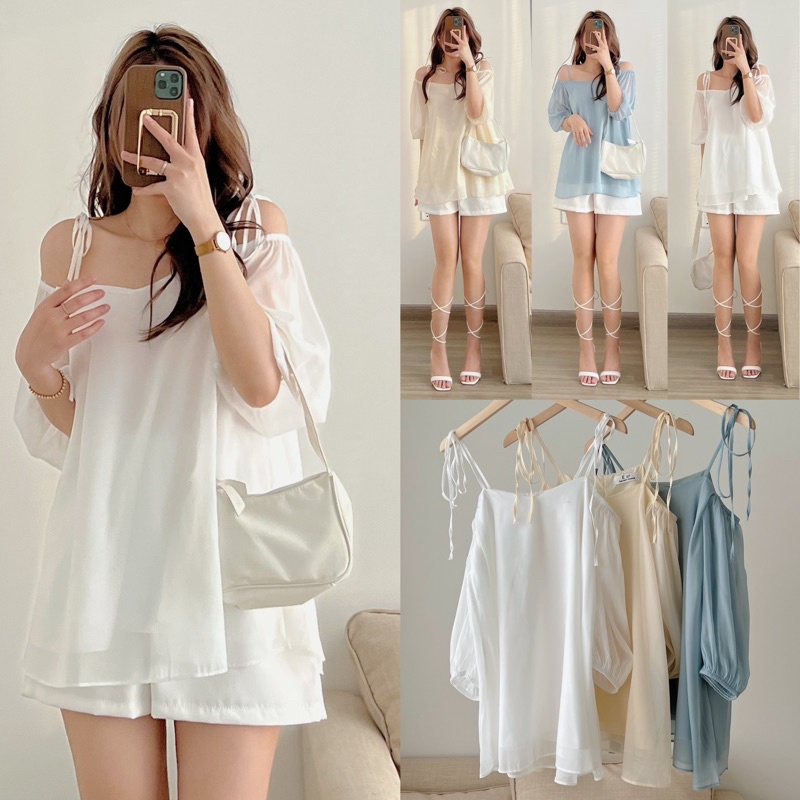 [Ảnh thật/Video]Áo trễ vai mã 999 thiết kế tay bồng buộc vai 3 màu  Áo trễ vai Hàn Quốc hai lớp đẹp nhẹ nhàng