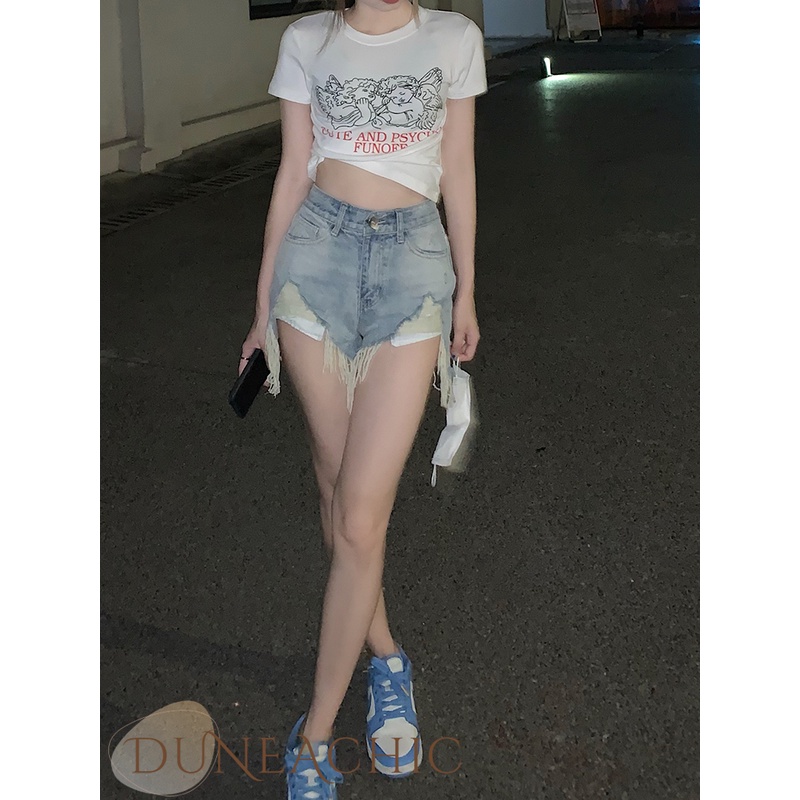 DUNEA Quần Jeans Lưng Cao Thiết Kế Xẻ Rách Cá Tính